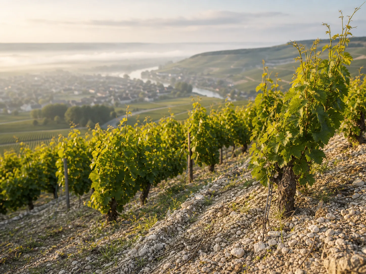 Coteau crayeux et rangs de vigne à Aÿ Grand Cru