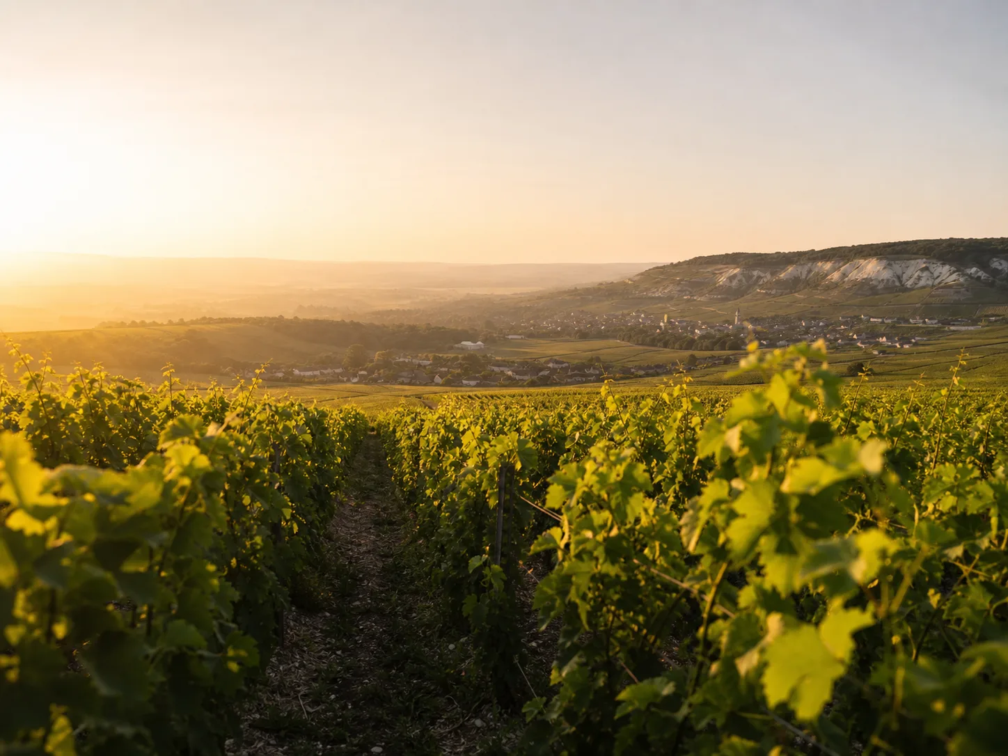 Rangs de vigne à Aÿ Grand Cru avec les coteaux en arrière-plan
