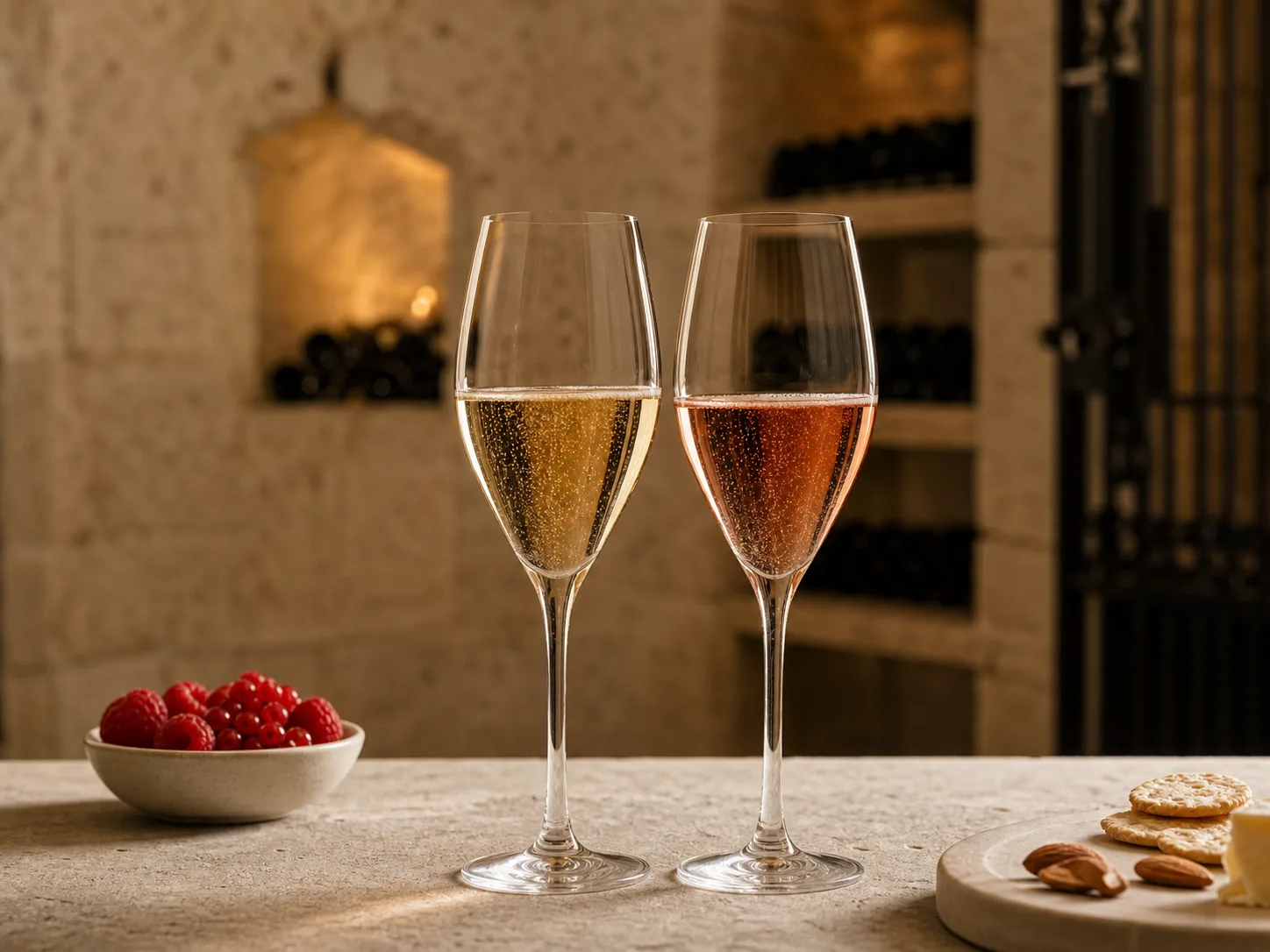 Deux flûtes de champagne doré et rosé sur une table en pierre