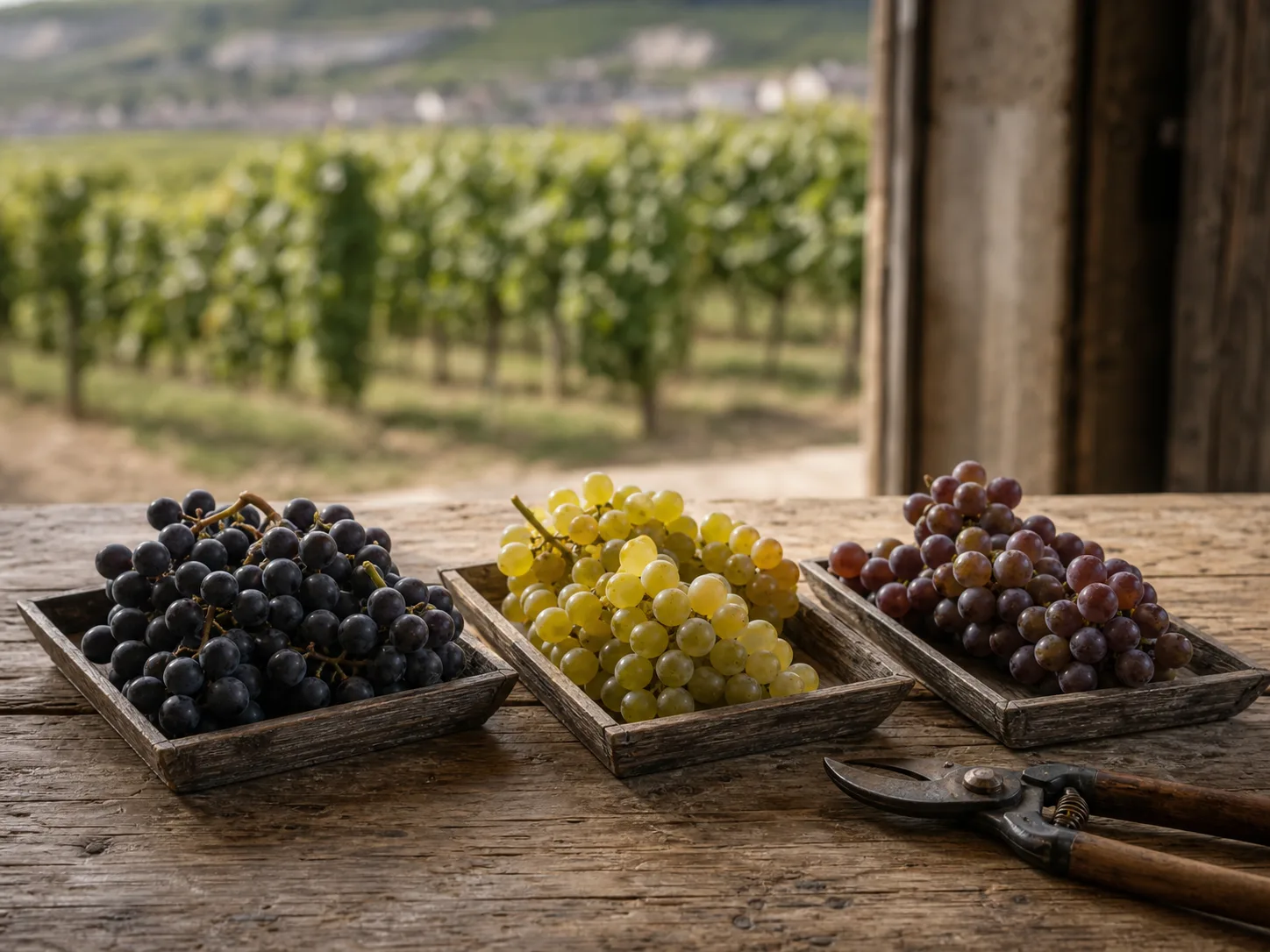 Grappes de Pinot Noir, Chardonnay et Meunier sur une table de vigne