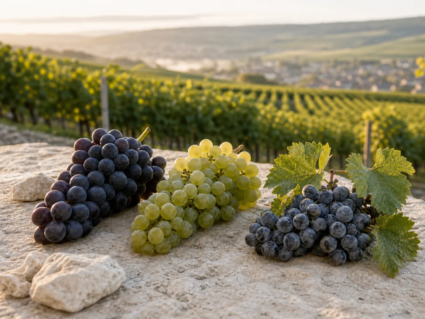 Grappes champenoises disposées pour comprendre l’origine du raisin