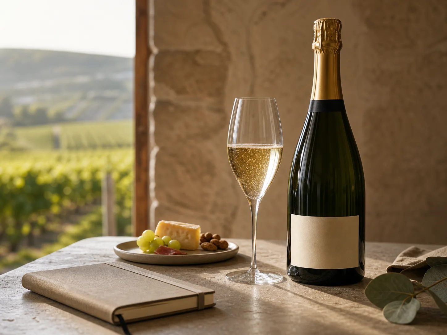 Bouteille de champagne et flûte sur une table de dégustation