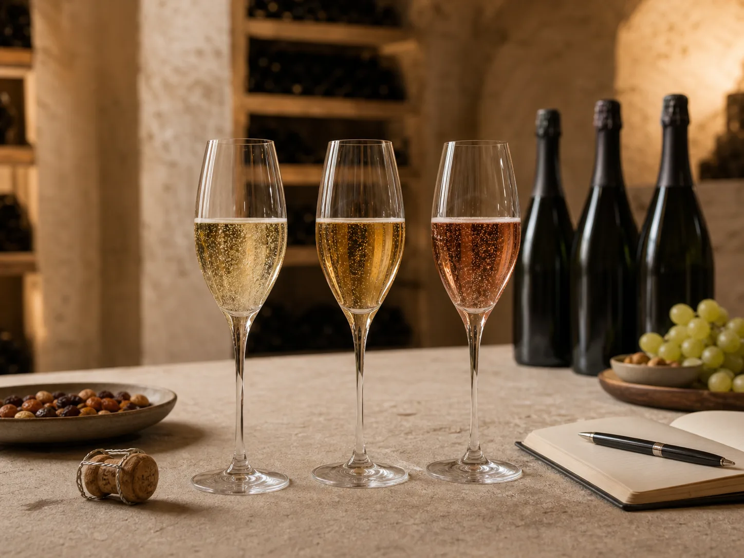 Trois verres de champagne aux profils doré, réserve et rosé sur une table de dégustation