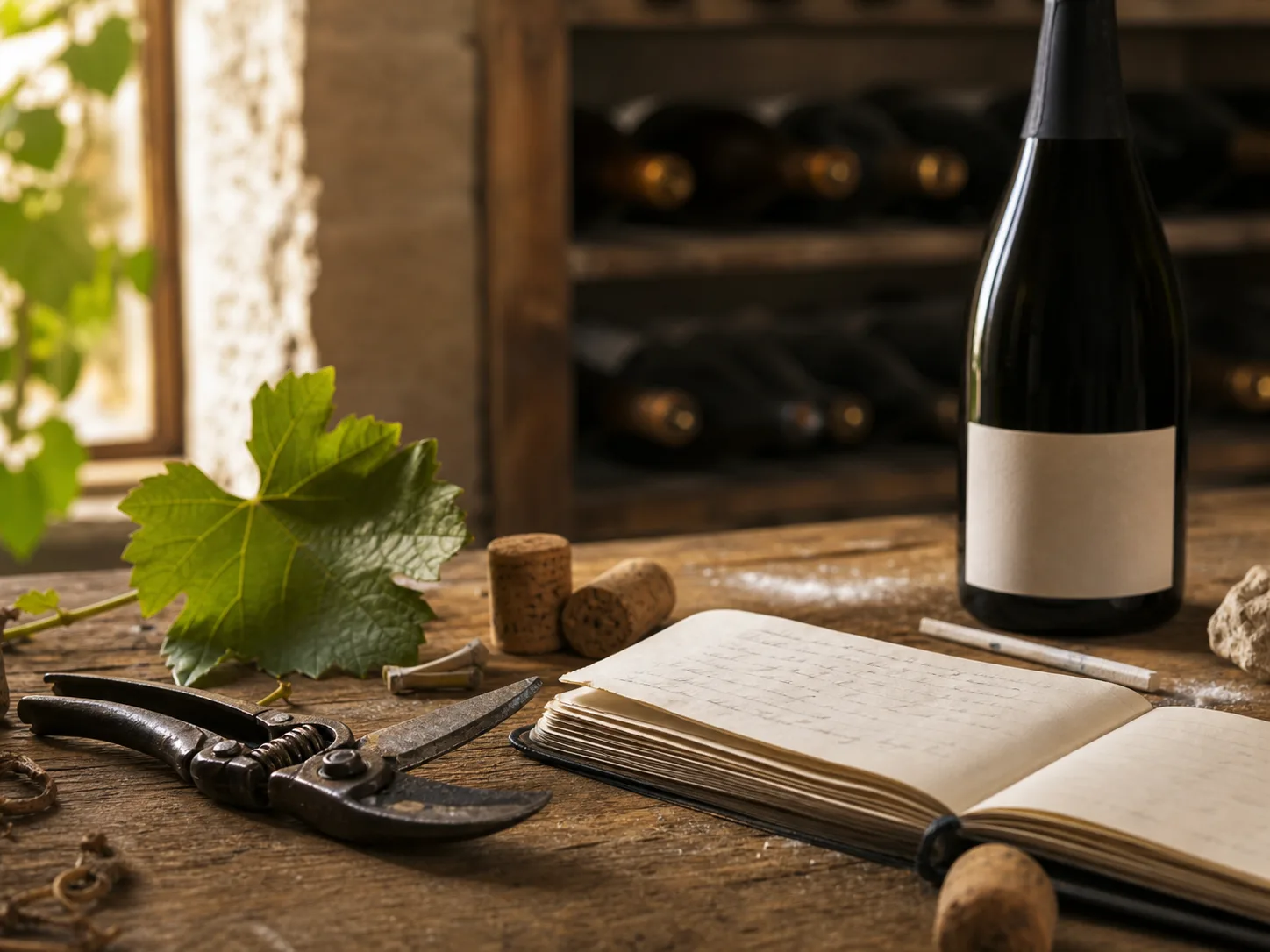 Carnet de cave, sécateur et bouteille illustrant le travail vigneron