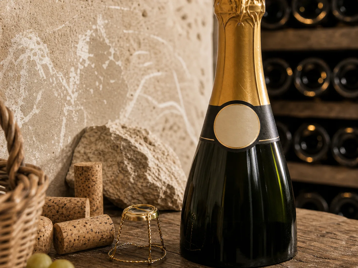 Détail de cave champenoise avec bouchons et bouteille