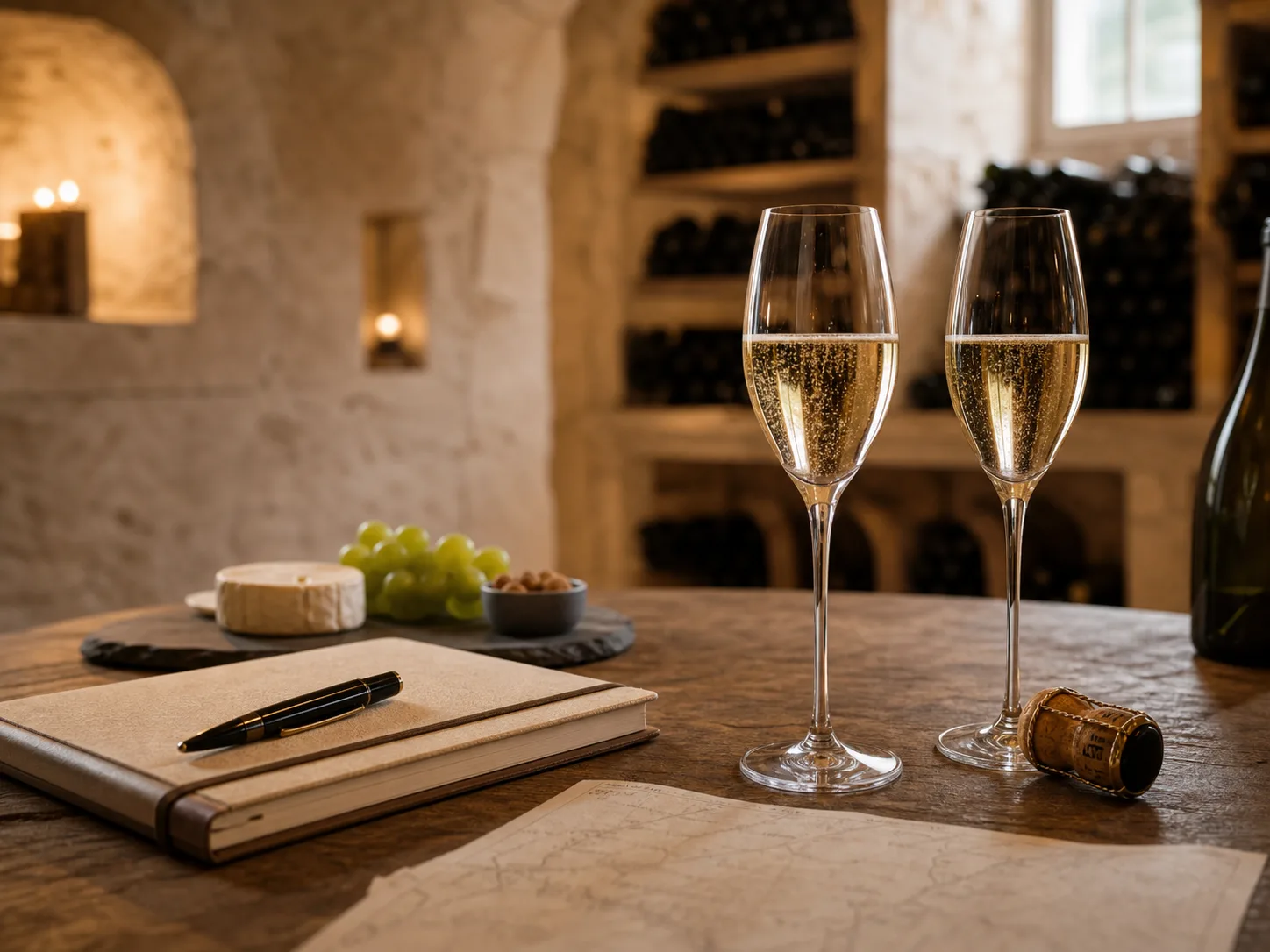 Table de dégustation avec deux flûtes de champagne et un carnet en cave