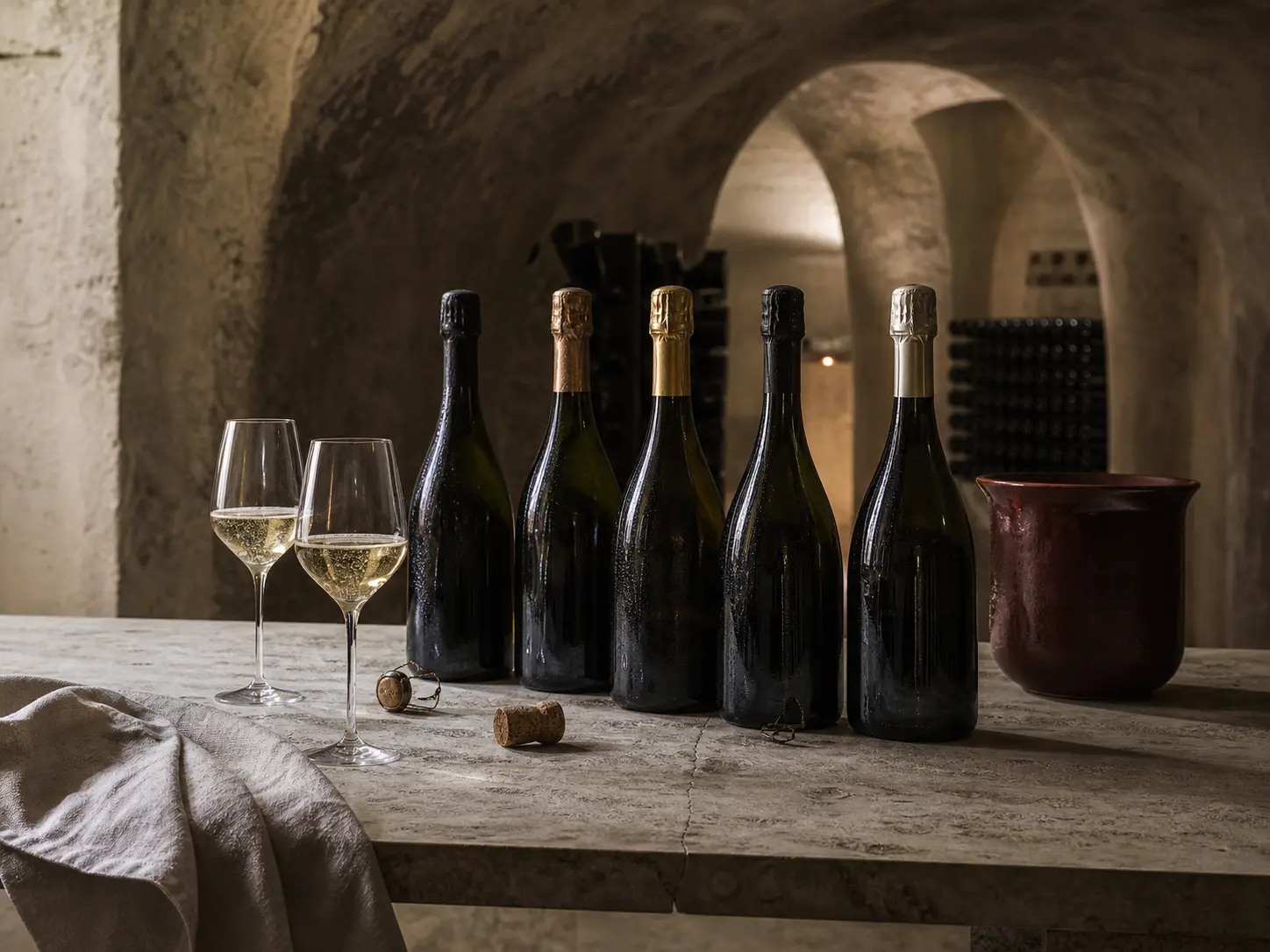 Bouteilles de champagne sans étiquette et verres de dégustation dans une cave en pierre