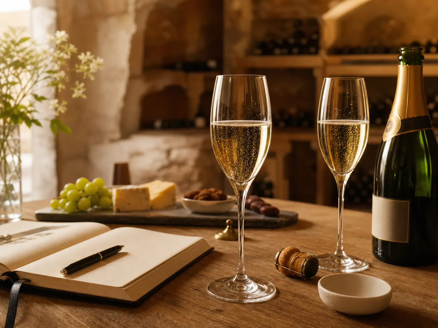Flûtes de champagne dans une cave en pierre à Aÿ