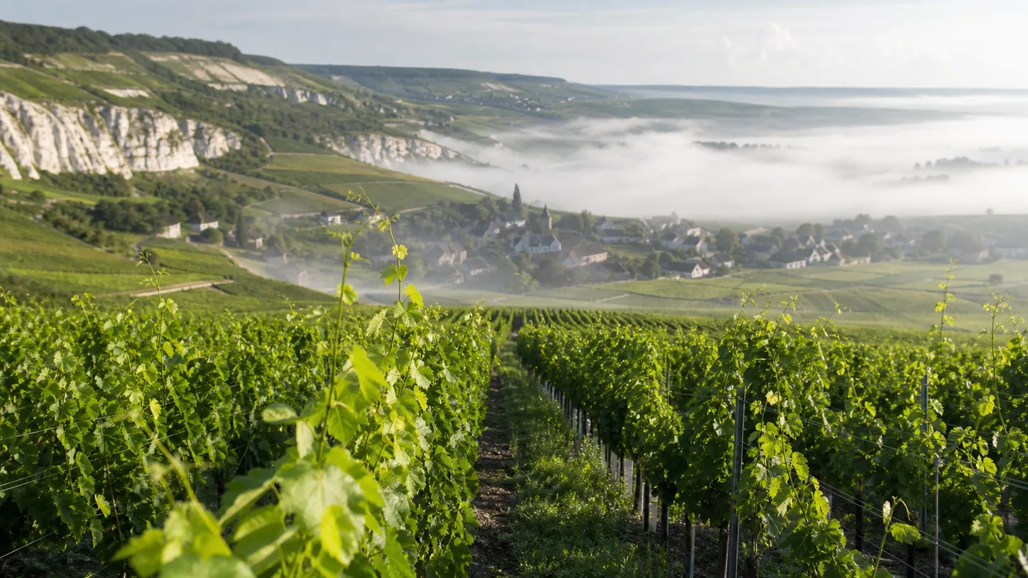 Vignes champenoises et coteaux dans une lumière matinale