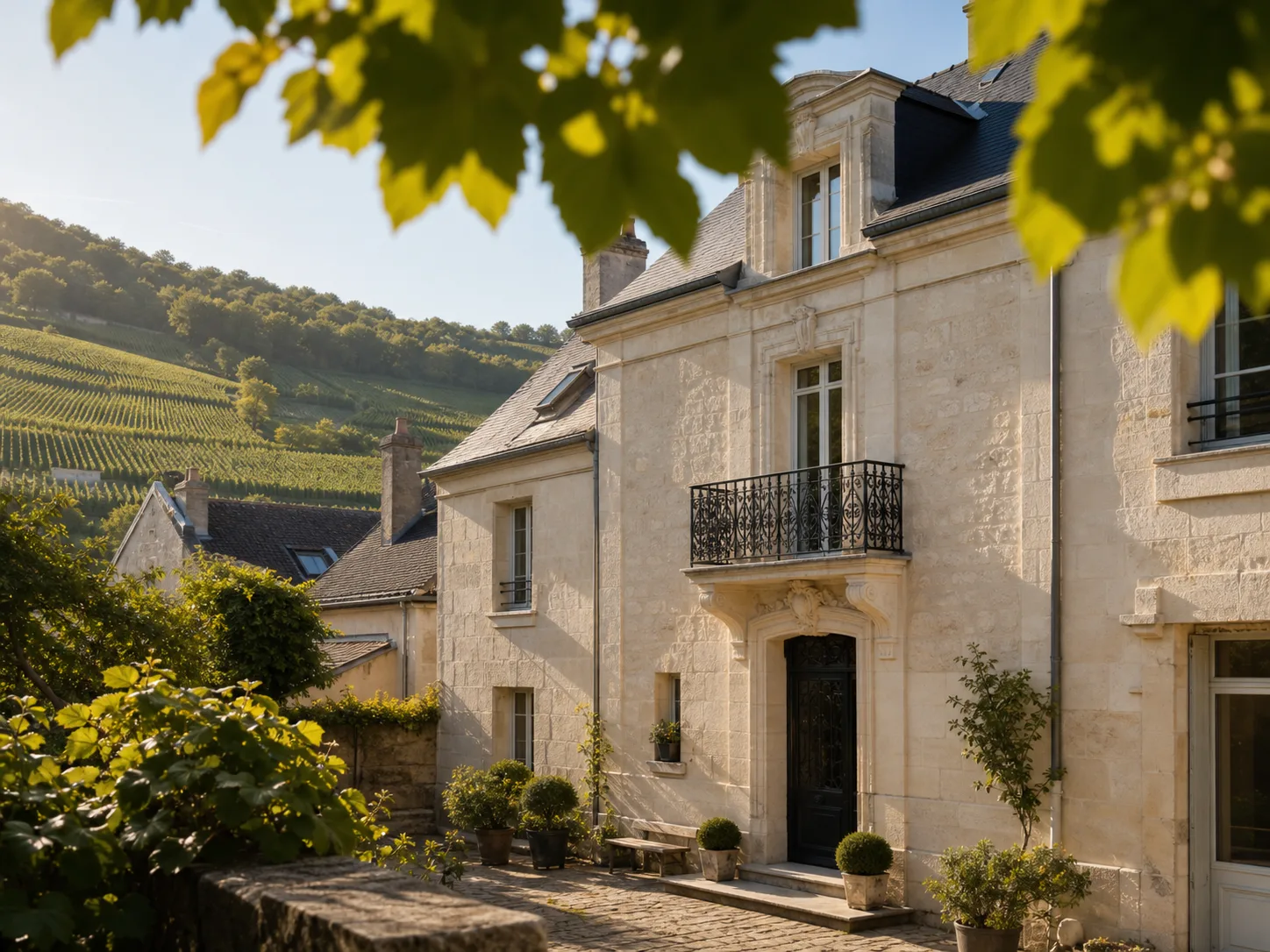 Maison champenoise entourée de vignes dans un village viticole